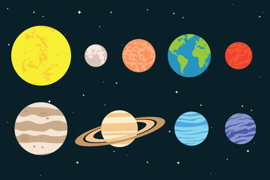 Collection of outer space planets in the solar system with flat style design concept