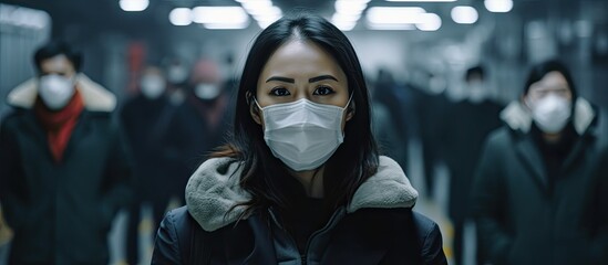 bustling business of construction, a determined Asian woman dons a white mask while leading her diverse team in a busy warehouse, managing deliveries factory industry.