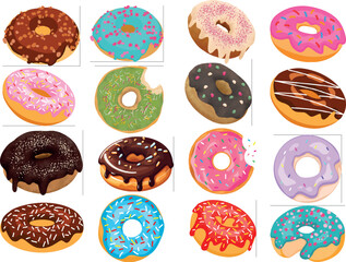 Cartoon donuts with different toppings, doughnut pastry dessert food set. Top view delicious sweet desserts donut with chocolate glaze & sprinkles, Bakery elements, Vector illustration collection V2. - obrazy, fototapety, plakaty