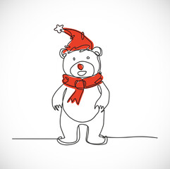 full body bear with red christmas hat and a red scarf lineart drawing continuous one line art drawing style, Vector Illustration