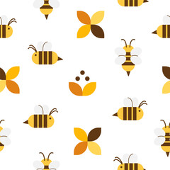 Vector seamless pattern with flying cartoon bees, flowers on white background.