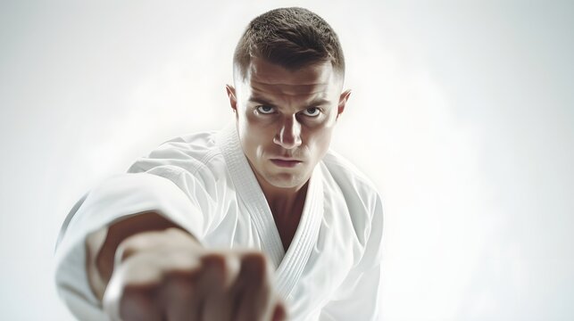 Portrait of a white male karate fighter on action against white background with space for text, background image, generative AI