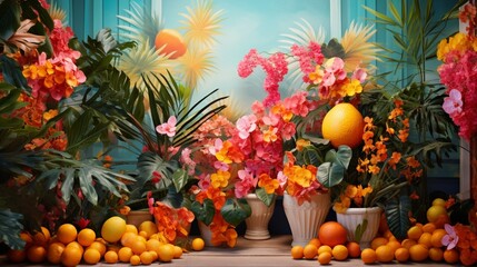 a striking visual by mixing vibrant coral, turquoise, and lemon yellow, exuding the energy of a tropical paradise.