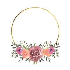 Floral round frame with rose, orange and pink flowers, gold texture. Hand drawn watercolor illustration of botanical template for greeting cards or wedding invitations, Mother's Day, March 8, posters