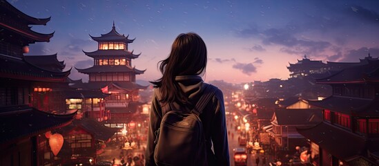 Asian female backpacker immersed in historic ninen zaka street at dusk, captivated by the view.