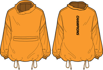 Overhead cagoule Hoodie jacket design flat sketch Illustration, , Hooded windbreaker jacket with front and back view, Windcheater winter jacket for Men and women. for hiker, outerwear in winter © JERZEY DESINZ