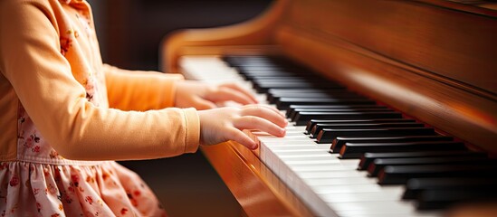 Child's hands playing piano in closeup photo.
