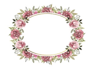 Floral oval frame with beautiful roses and greenery, golden texture frame. Hand drawn watercolor illustration of botanical template for greeting cards or wedding invitations, birthday, march 8