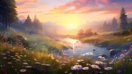 soft hues of a sunrise over a tranquil meadow, where dew-kissed wildflowers sway in the gentle morning breeze