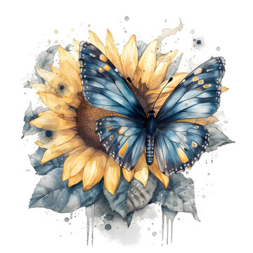 Cute cartoon watercolor butterfly with sunflower on a transparent background