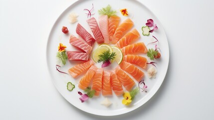 Sashimi meticulously arranged on a minimalist white plate.