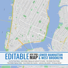 Editable New York Lower Manhattan Map	 - obrazy, fototapety, plakaty