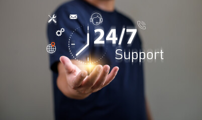 customer services and consulting concept, Businessman holding icon virtual 24/7 support services,...