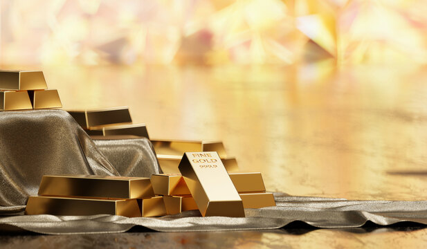 Stacked Gold bars placed on glossy background 3D rendering soft focus