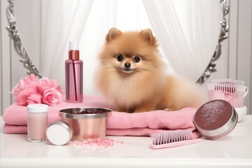 Spitz dog grooming on the table, close-up
