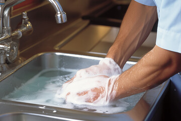 Man washing dishes in a restaurant, close-up of hands