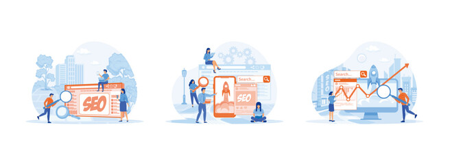 People using laptops and phones for online query. Search engine optimisation. SEO Search engine optimization result. Search Engine Optimization SEO 1 set flat vector illustration