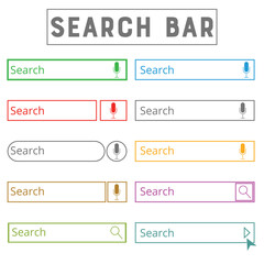 Set search bar icons. Website ui bar set. Searching element for web site, app, ui and logo. Vector search shape with button for website navigation.