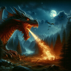 Fototapeta na wymiar ai generate realistic illustration of an angry dragon rampaging in the forest