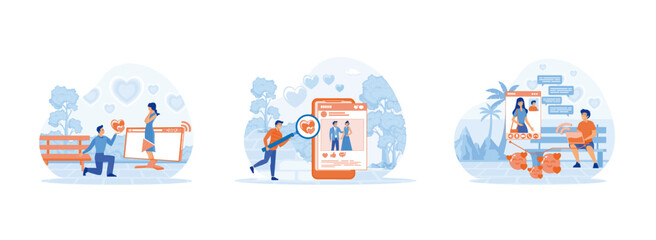 Virtual relationships online dating cartoon composition with computer, social networking concept, Dating app and virtual relationship. Virtual relationships set flat vector modern illustration