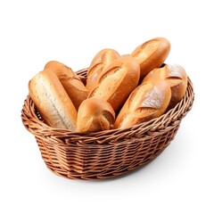 Fresh Baked Baguettes in Wicker Basket Isolated on White