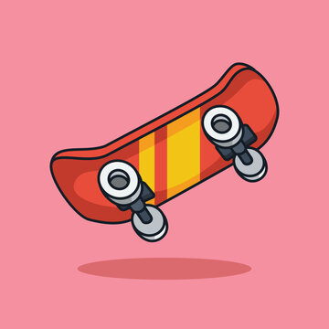 Unique Cute Skateboard | Flat Design Icon, Graphic Vector, Illustration, Isolated on Pink. Ready for Any Needs and Printing to Create a Sticker with Red, Yellow, White Colors