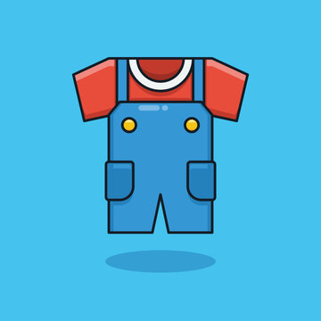 Unique Cute Baby Overall Clothes | Flat Design Icon, Graphic Vector, Illustration, Isolated on Blue. Ready for Any Needs and Printing to Create a Sticker with Red, Blue, White Colors