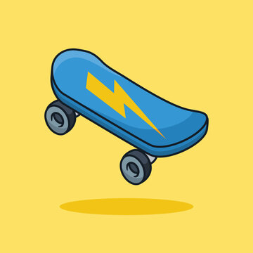 Unique Cute Skateboard | Flat Design Icon, Graphic Vector, Illustration, Isolated on Yellow. Ready for Any Needs and Printing to Create a Sticker with Blue and Yellow Color