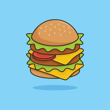 Unique Cute Big Burger or Hamburger | Flat Design Icon, Graphic Vector, Illustration, Isolated on Blue. Ready for Any Needs and Printing to Create a Sticker
