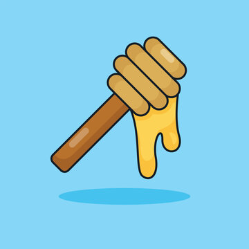 Unique Cute Honey Stick | Flat Design Icon, Graphic Vector, Illustration, Isolated on Blue. Ready for Any Needs and Printing to Create a Sticker with Yellow, Brown, Gold Colors