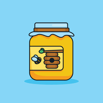 Unique Cute Honey Jar | Flat Design Icon, Graphic Vector, Illustration, Isolated on Blue. Ready for Any Needs and Printing to Create a Sticker with Yellow and Brown Colors