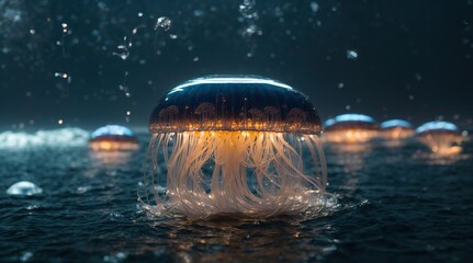 : A futuristic rendering of a jellyfish, its body composed of sleek, metallic materials and emitting a soft, pulsating glow as it glides through the water