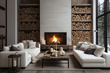 Scandinavian Home Interior. Tree Stump Coffee Table with White Sofa and Fireplace