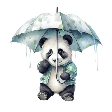 Cute cartoon watercolor panda with umbrella on a transparent background