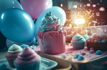 Baby gender reveal party. Colorful cake table with big balloons and cupcakes. Generate AI - obrazy, fototapety, plakaty