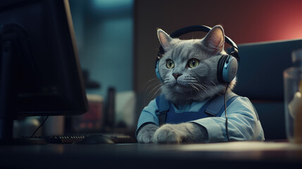 Cat in call center agent answering incoming calls with a headset, providing customer service remotely