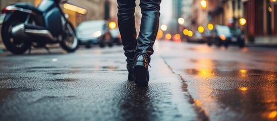 bustling urban street, a man with a sleek black leather jacket strutted with confidence, his stylish shoes tapping against the pavement, embodying a concept of chic lifestyle that caught the attention