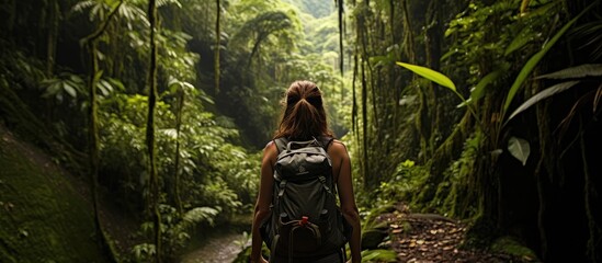 Backpacker girl explores enchanting, wild Costa Rican rainforest. - obrazy, fototapety, plakaty