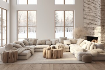 Boho Chic Interior Design of Modern Living Room in Stylish Contemporary Home with Eclectic Decor