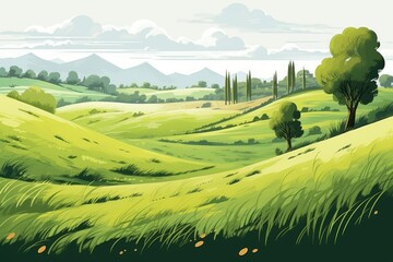 A drawing Field of lush grass on gentle slopes. Pasturage, grassland, pommel, lea, alkali, lye, and meadow. Grassy grassland in a rural landscape view. illustration. Generative AI  - obrazy, fototapety, plakaty