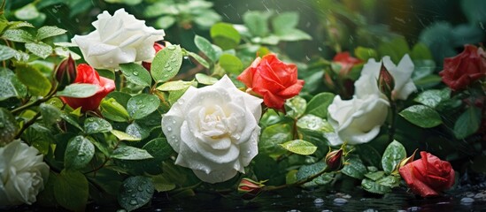 beautiful summer garden, the vibrant green leaves and colorful floral plants create a stunning background of natures beauty, where a white rose stands out like a splash of red water against the