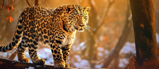 beautiful winter background of an Indian park, a magnificent leopard, a stunning mammal of nature,...