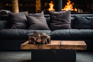 Forest Home. Scandinavian Living Room with Live Edge Coffee Table, Cozy Fireplace, and Two Sofas