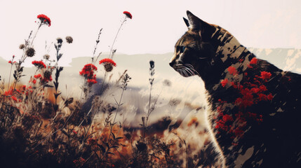 Beautiful cat in the meadow with red flowersa toned