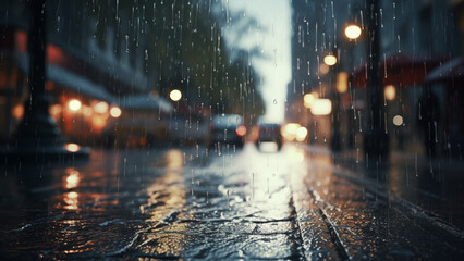 View of a rainy city street at sunset