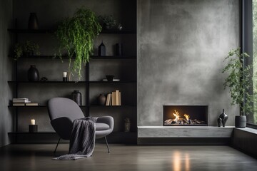 Modern Scandinavian living room with chair by fireplace and concrete wall shelves - obrazy, fototapety, plakaty
