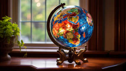 A globe made of stained glass placed in the study of an old-fashioned mansion.