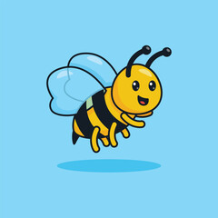 Unique Cute Honey Bee | Flat Design Icon, Graphic Vector, Illustration, Cartoon Character, Isolated on Blue. Ready for Any Needs and Printing to Create a Sticker with Yellow and Black Colors