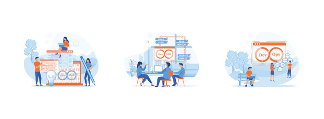 Fototapeta premium Team of programmer, development practices methodology, software operation. DevOps developers 1 set flat vector modern illustration 