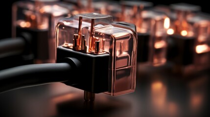 A close-up of an electric plug, copper pins reflecting light.